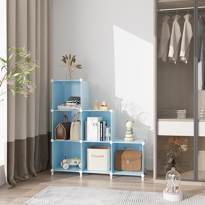 AWTATOS Cube Storage Organizer Protable Closet Organizers and Storage for Kids DIY Stackable 6 Cubes Storage Shelves Clothes Organizer for Bedroom, Home, Blue