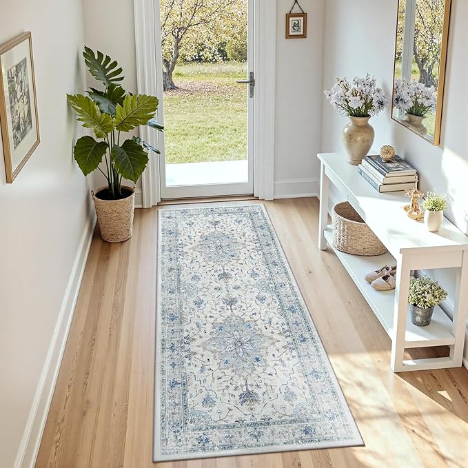 Area Rugs 3'x6' Runner Rug Non Slip Washable for Kitchen Hallway Bedroom Beside Laundry Room Bathroom Rug, Floor Carpet, Light Blue Navy Beige Gray White