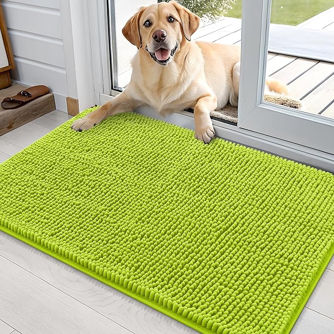 OLANLY Dog Door Mat for Muddy Paws 36x24, Absorbs Moisture and Dirt, Absorbent Non-Slip Washable Doormat, Quick Dry Chenille Mud Mat, Entry Indoor Entryway Carpet for Inside Floor, Bright Green