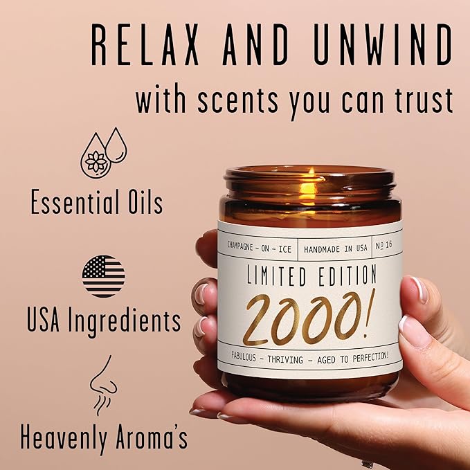 25th Birthday Gifts for Women - 'Limited Edition 2000' Soy Candle, w/Champagne on Ice I 25 Birthday Gifts for Women I 25th Gift for Her Ideas I 9oz Reusable Jar, 50Hr Burn, Made in USA