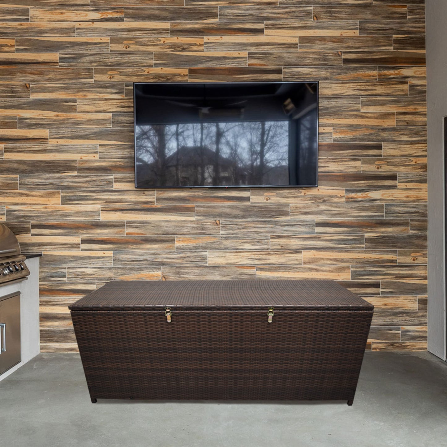 Oakland Living Brown Indoor and Outdoor Balcony Patio Deck Porch Pool 113 Gallon Wicker Storage Box Trunk Bin with Metal Frame