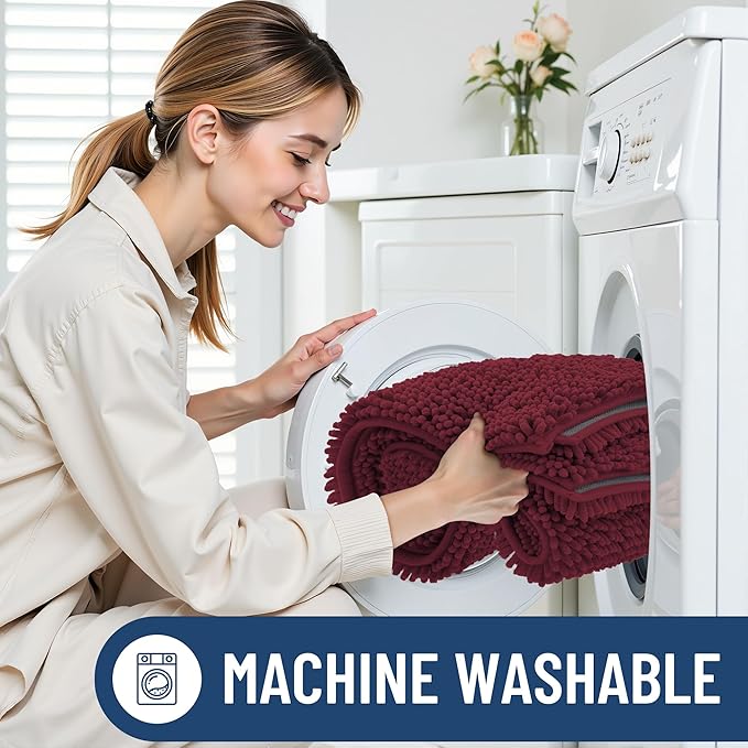 Smiry Luxury Chenille Bathroom Rugs 59x24, Extra Soft and Absorbent Shaggy Bath Mat, Machine Washable, Non-Slip Plush Carpet Runner for Tub, Shower, and Floor, Home Decor Accessories, Burgundy