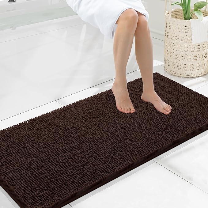 Smiry Luxury Chenille Bathroom Rugs 47x20, Extra Soft and Absorbent Shaggy Bath Mat, Machine Washable, Non-Slip Plush Carpet Runner for Tub, Shower, and Floor, Home Decor Accessories, Brown
