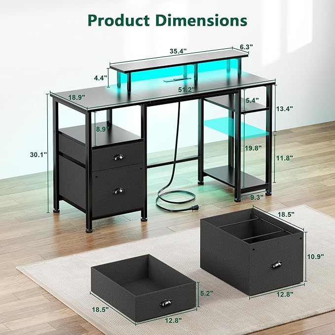 Furologee 51" Gaming Desk with Power Outlets & LED Lights, Reversible Computer Desk with File Cabinet & Monitor Stand for Home Office, Large Work Table with Storage Shelves & Drawer, Black