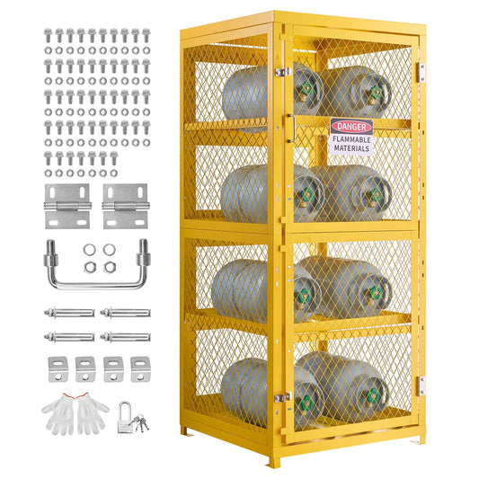 VEVOR Horizontal Cylinder Storage Cabinet, 30"L x 30"W x 70.3"H, 8 Cylinder Capacity, 4-Tier Propane Storage Cage, with Lock and Keys, Yellow Powder-Coated Carbon Steel, for Propane, Oxygen, Nitrogen