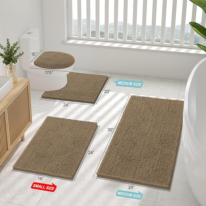Smiry Luxury Chenille Bathroom Rugs 47x24, Extra Soft and Absorbent Shaggy Bath Mat, Machine Washable, Non-Slip Plush Carpet Runner for Tub, Shower, and Floor, Home Decor Accessories, Camel