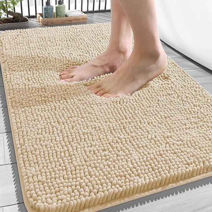 OLANLY Bathroom Rugs 34x21, Extra Soft Absorbent Chenille Bath Rugs, Rubber Backing Quick Dry, Machine Washable Bath Mats for Bathroom Floor, Tub and Shower, Home Decor Accessories, Beige