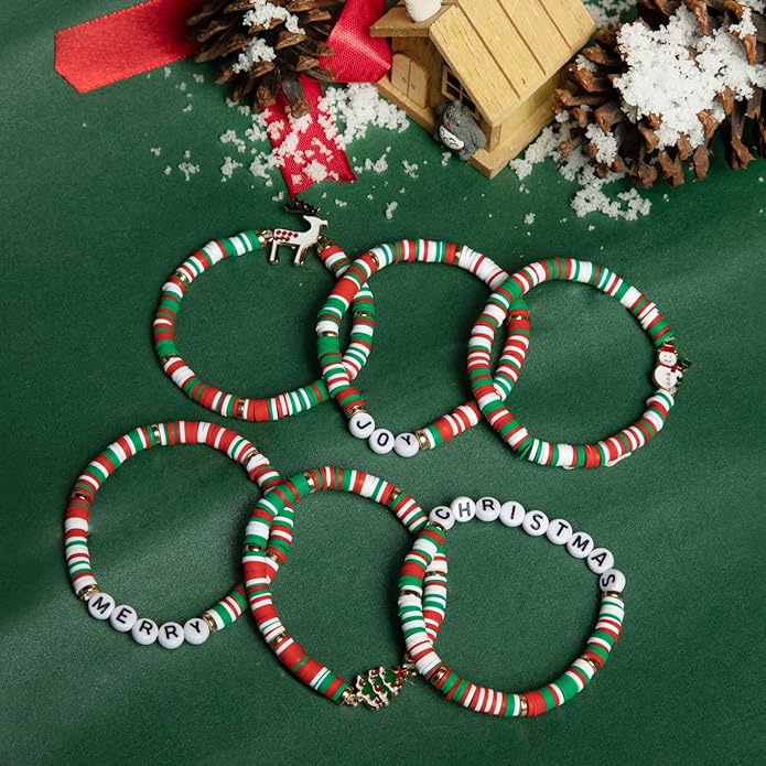 Artlunar 6 Pack Christmas Bracelets: Joy & Merry Candy-Style Stacks for Women & Teens - Perfect Christmas Gifts - Age 3 to Adult