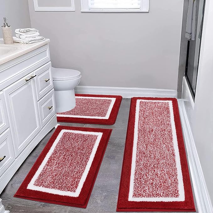 Pauwer Bathroom Rugs Sets 3 Piece Bathroom Shower Rugs with U-Shaped Contour Toilet Mat Absorbent Microfiber Plush Bath Mats Non Slip Bath Rugs Machine Washable Shaggy Floor Mats, Red