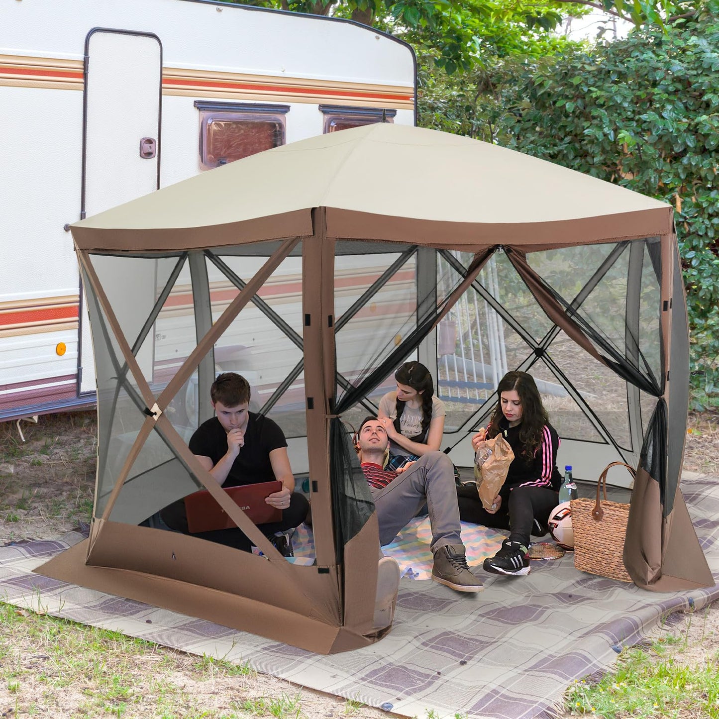 Tangkula 11.5x11.5 Ft Pop Up Gazebo with Netting, Portable Screen Tent with 6 Sided Mesh Walls, 2 Sunshade Cloths, Outdoor Instant Canopy Shelter with Carry Bag for Camping, Lawn, Backyard