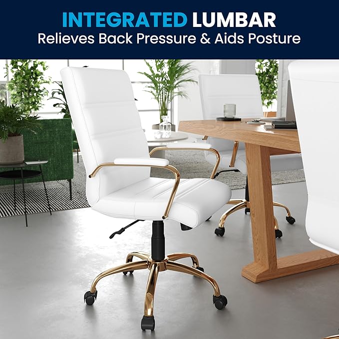 Flash Furniture Whitney Mid-Back Swivel LeatherSoft Desk Chair with Padded Seat and Armrests, Adjustable Height Padded Office Chair, White/Gold