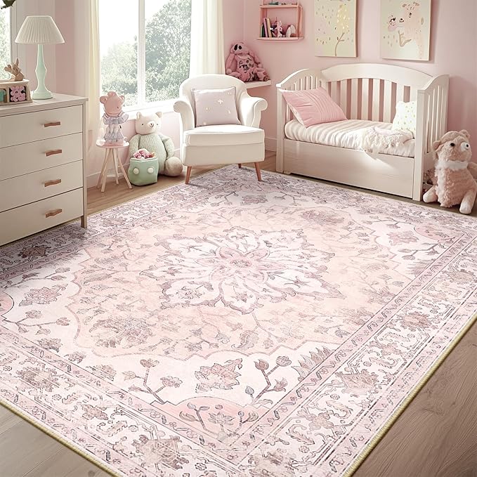 Area Rugs 5'x7' Washable Non-Slip, Floral Vintage Distress Print Pattern Medallion Carpet for Living Room Bedroom Dining Room, Pink Greypink Cute