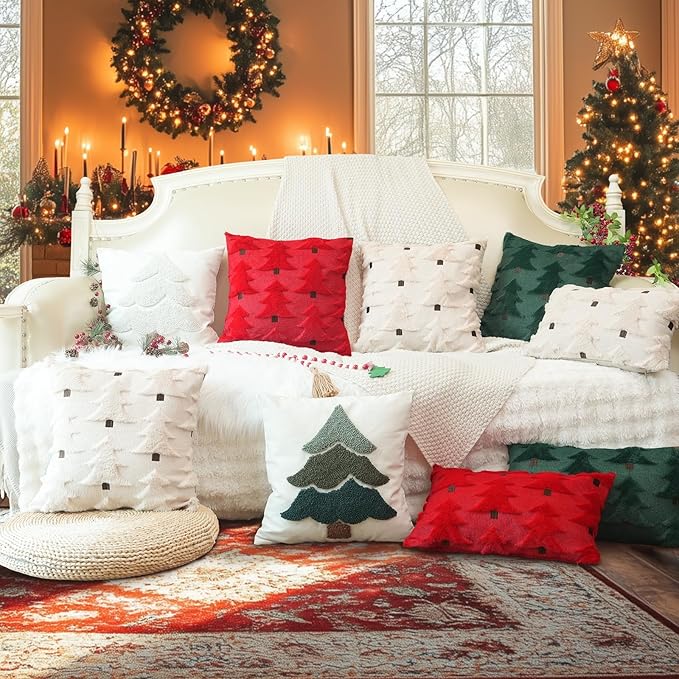 GEEORY Christmas Pillow Covers 16x16 Inch Set of 2, Christmas Decorations Xmas Tree Soft Plush Fluffy Faux Fur Decorative Throw Pillows Farmhouse Winter Cushion Case Red Brown GC035-16