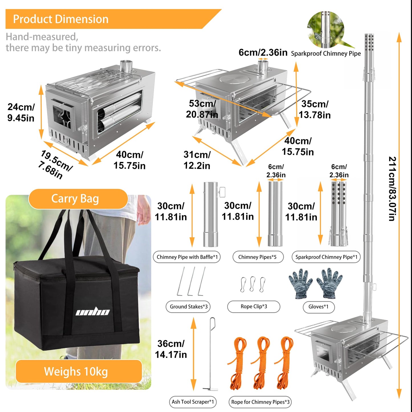 Hot Tent Stove, unho Wood Burning Stove, Portable Wood Stove with 6 Stainless Chimney Pipes for Outdoor Heating & Cooking, Ice Fishing, Hunting,Winter Warmth