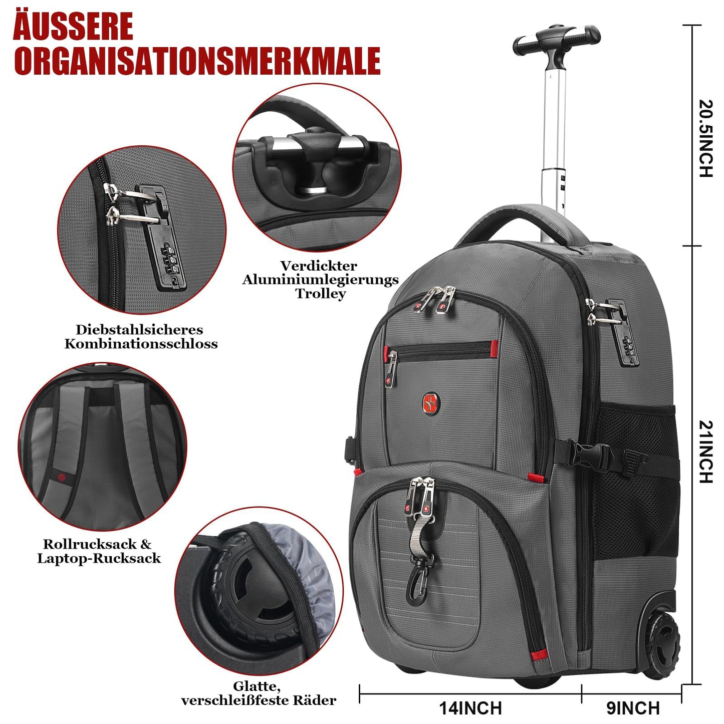 star cloud 21x14x9 Rolling Backpack with Wheels - Water-Resistant, 17.3" Laptop Compartment, Ideal Carry-On for Overnight Travel, College, Work - Wheeled Business Backpack for Adults