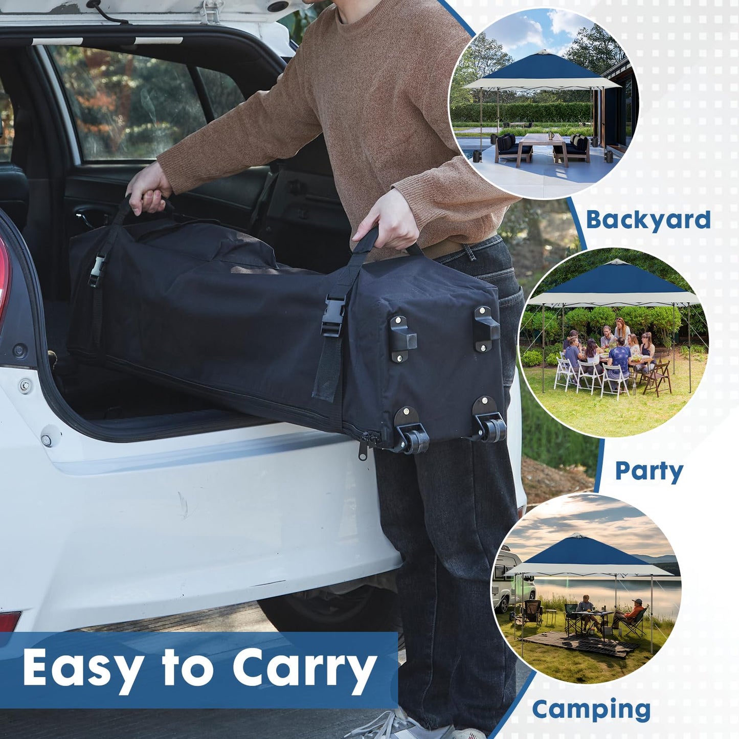 OUTDOOR LIVING SUNTIME 13x13 Instant Easy Pop Up Canopy,Portable Commercial Gazebo Camping Gazebo Tent Shelter with Wheeled Roller Carry Bag, Bonus Weight Sandbags, Stakes, Ropes - Navy