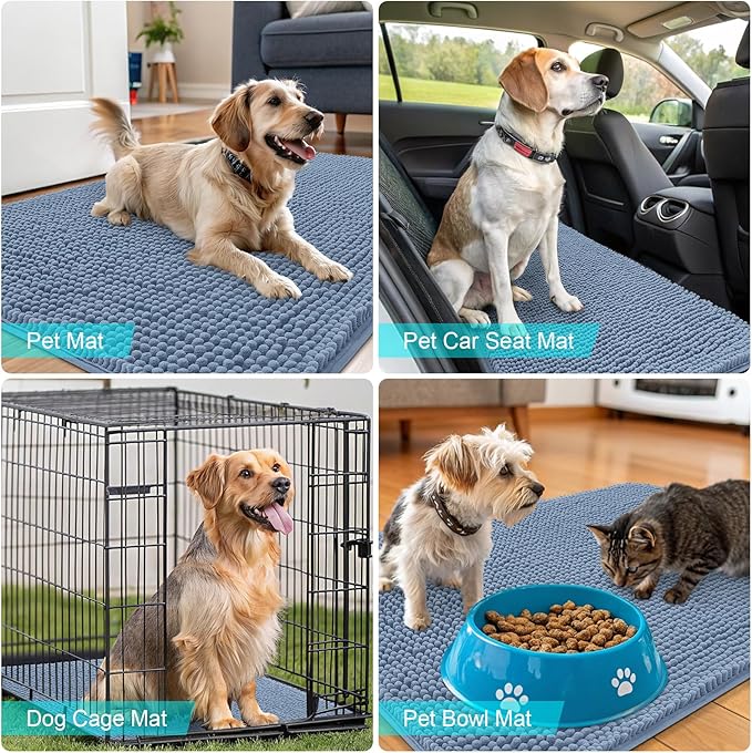OLANLY Dog Door Mat for Muddy Paws 30x20, Absorbs Moisture and Dirt, Absorbent Non-Slip Washable Doormat, Quick Dry Chenille Mud Mat for Dogs, Entry Indoor Entryway Carpet for Inside Floor, Airy Blue