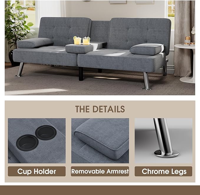 Flamaker Futon Sofa Bed Modern Folding Futon Set Linen Fabric Convertible Recliner Lounge for Living Room with 2 Cup Holders, Removable Armrests (Fabric, Grey)