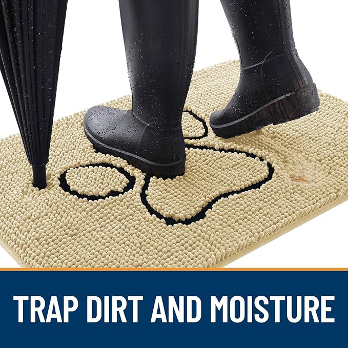 OLANLY Dog Door Mat for Muddy Paws 48x30, Paw Print Design, Absorbs Moisture and Dirt, Absorbent Non-Slip Washable Doormat, Quick Dry Chenille Mud Mat for Dogs, Entry Indoor Entryway Carpet, Sand