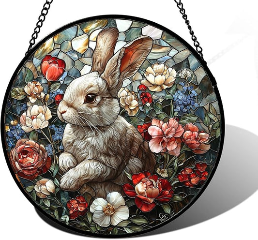 Stained Glass Window Hanging - Cute Rabbit Flowers Suncatcher Ready to Hang Window Doors Home Decoration, Christmas, Mother's Day Birthday Gifts for Women, Men, and Mom 15x15 in