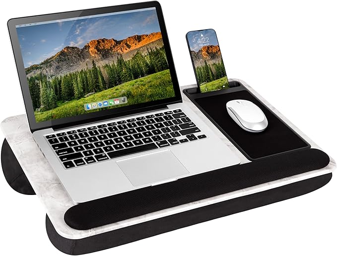 LAPGEAR Home Office Pro Lap Desk with Wrist Rest, Mouse Pad, and Phone Holder - White Marble - Fits up to 15.6 Inch Laptops - Style No. 91591
