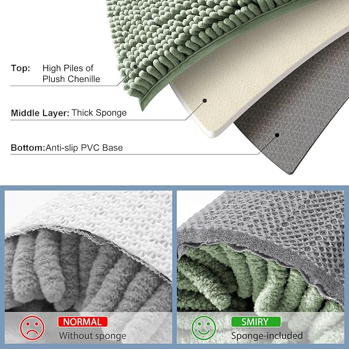 Smiry Luxury Chenille Bathroom Rugs 59x24, Extra Soft and Absorbent Shaggy Bath Mat, Machine Washable, Non-Slip Plush Carpet Runner for Tub, Shower, and Floor, Home Decor Accessories, Sage Green