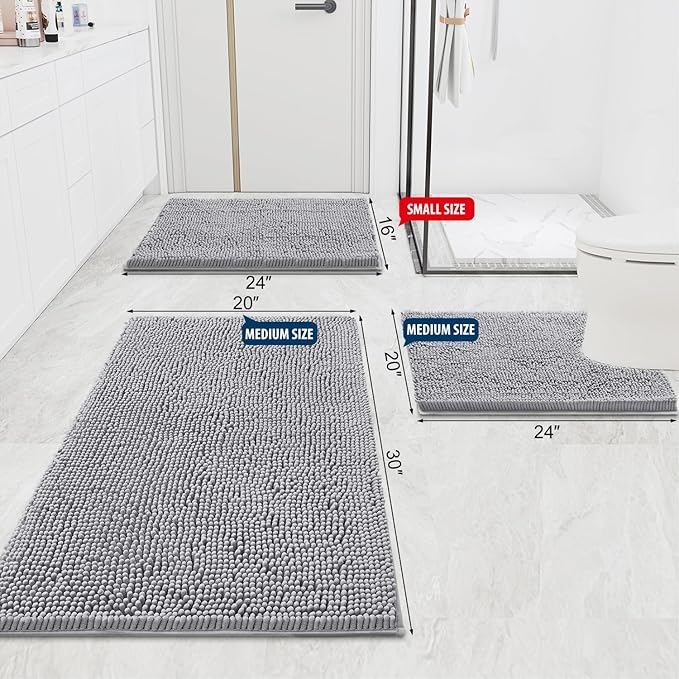 Smiry Luxury Chenille Bathroom Rugs 36x24, Extra Soft and Absorbent Shaggy Bath Mat, Machine Washable, Non-Slip Plush Carpet Runner for Tub, Shower, and Floor, Home Decor Accessories, Light Grey