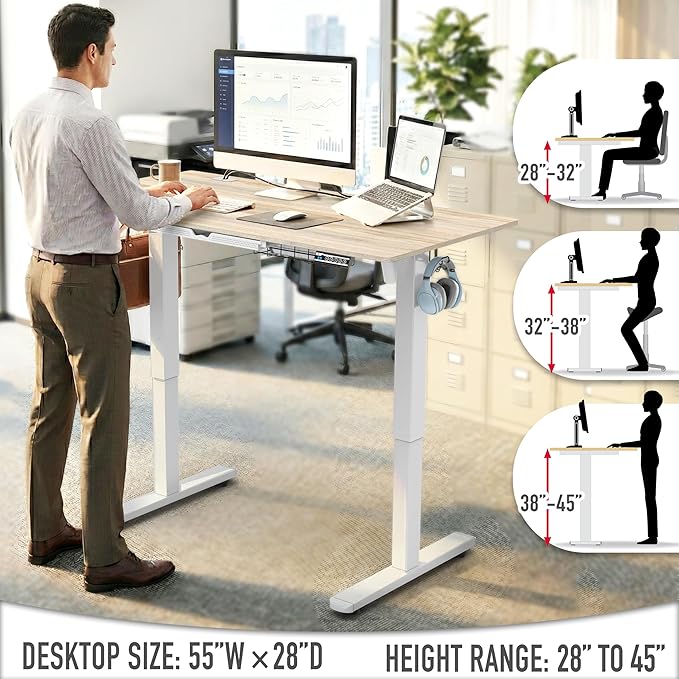 SHW 55 x 28 Inches Electric Height Adjustable Standing Desk with Drawer and Memory Preset, Maple