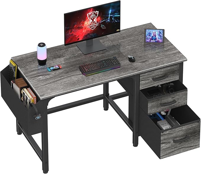 Lufeiya Computer Desk with File Drawers Cabinet, 47 Inch Home Office Desks with Filing Cabinet for Small Space, Gaming Study Writing Table PC Desks, Gray