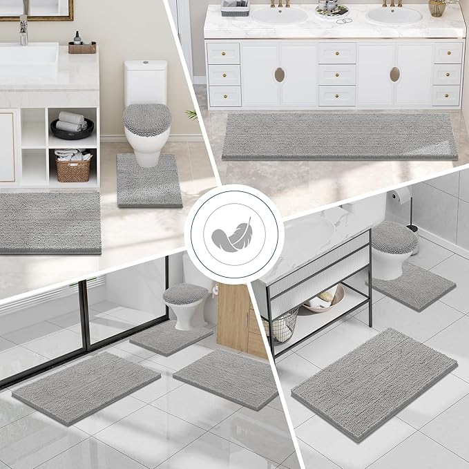 Smiry Luxury Chenille Bathroom Rugs 36x24, Extra Soft and Absorbent Shaggy Bath Mat, Machine Washable, Non-Slip Plush Carpet Runner for Tub, Shower, and Floor, Home Decor Accessories, Light Grey