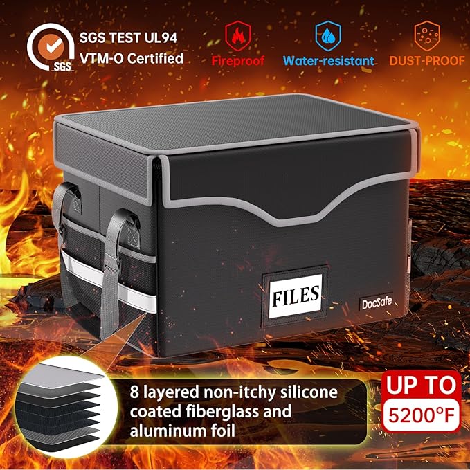 DocSafe 5200°F Fireproof Document Box with Lock,Heat Insulated File Organizer Storage with Pockets,Collapsible Portable Home Office File Safe Box with Handle for Hanging Letter/Legal Folders, Black