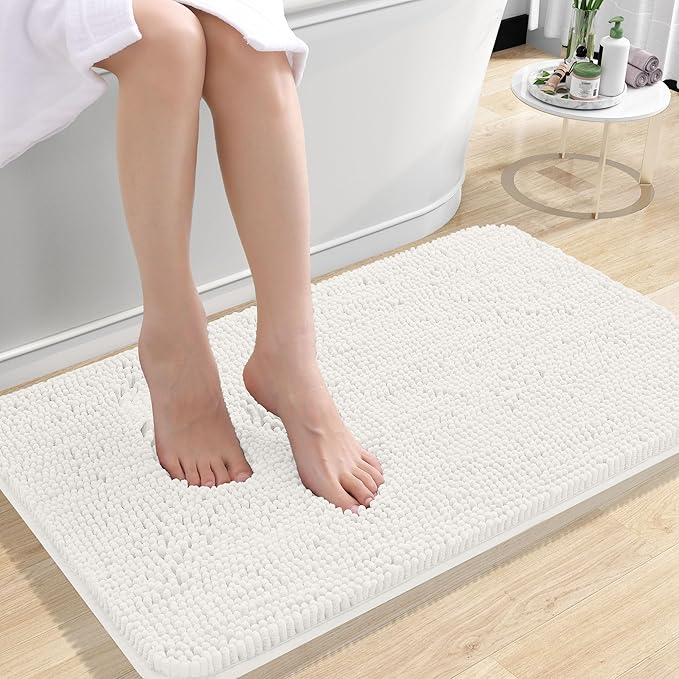 OLANLY Bathroom Rugs 24x16, Extra Soft Absorbent Chenille Bath Rugs, Rubber Backing Quick Dry, Machine Washable Bath Mats for Bathroom Floor, Tub and Shower, Home Decor Accessories, Ivory