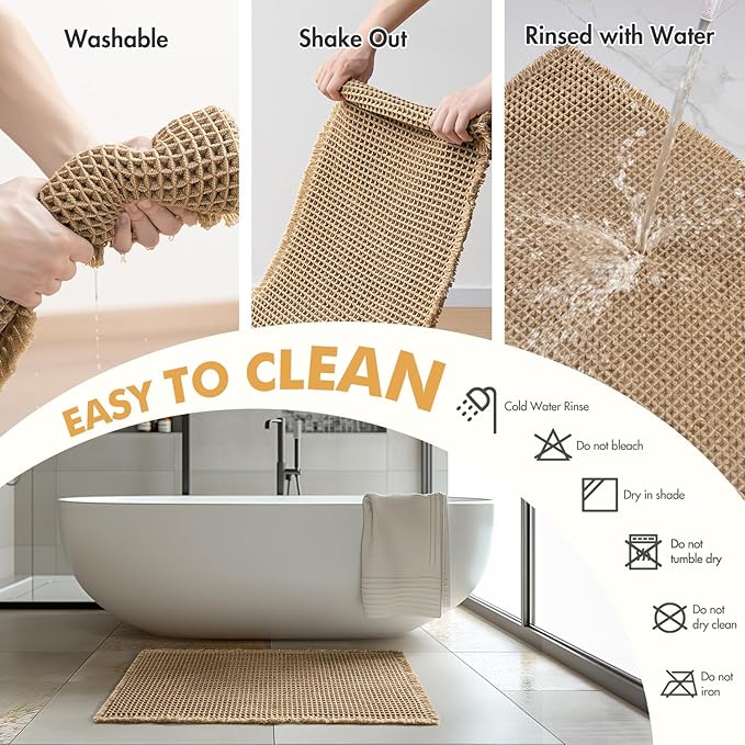 MIULEE Set of 2 Waffle Bathroom Runner Rugs, Boho Bath Rugs Non Slip Washable, Super Absorbent Runner Bath Mats, Rubber Backed Shower Mats for Hallway Bedroom Laundry Room, Brown, 2'x6'(24x72 Inch)