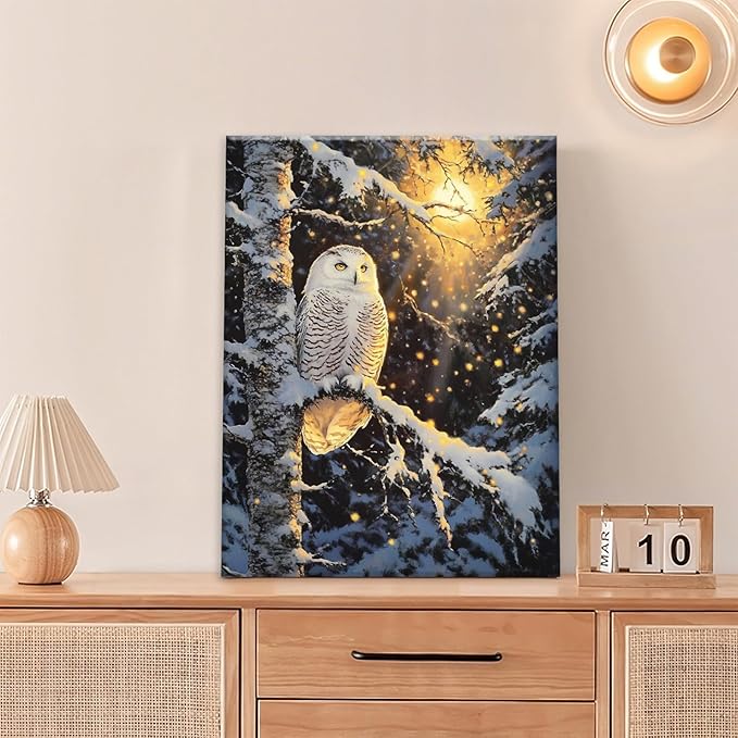 Owl Wall Art, Winter Snow Owl Pictures Wall Decor, Forest Animal Canvas Prints Painting, Framed Artwork for Bathroom Living Room Bedroom Office Dining Room 20"X16"