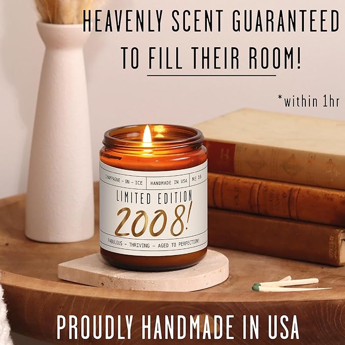 17th Birthday Gifts for Girls - 'Limited Edition 2008' Soy Candle, w/Champagne on Ice I 17 Birthday Gifts for Women I 17th Gift for Her Ideas I 9oz Reusable Jar, 50Hr Burn, Made in USA