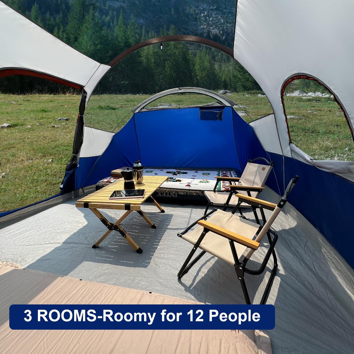 CAMPROS CP Tent 12-Person-Camping-Tents,3 Room Family Tents,Waterproof Windproof Family Tent with Top Rainfly,6 Large Mesh Windows,Double Layer,Easy Set Up, Portable with Carry Bag-20' x 9' x 72"(H)