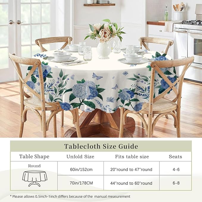Eikione 70In Round Tablecloth, Floral Tablecloths Polyester Waterproof Stain Wrinkle Free, Indoor and Outdoor Table Cover for Kitchen Party Dining Table