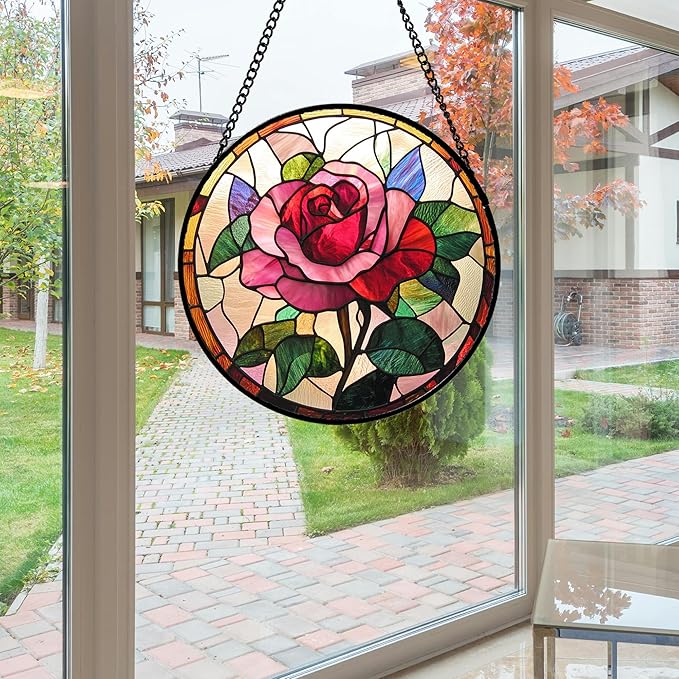 Stained Glass Window Hanging - Pink Rose Suncatcher for Door Garden Home Decor Birth Flower Sun Catcher Christmas Birthday for Friend Lovers Women Mom Nana 15 in