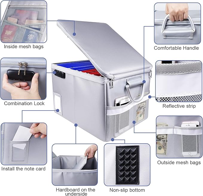 TOMKID Fireproof File Cabinet with Lock, Fireproof Document Organizer Collapsible File Box Filing Cabinet with Handle for Letter Legal Folder Certifications