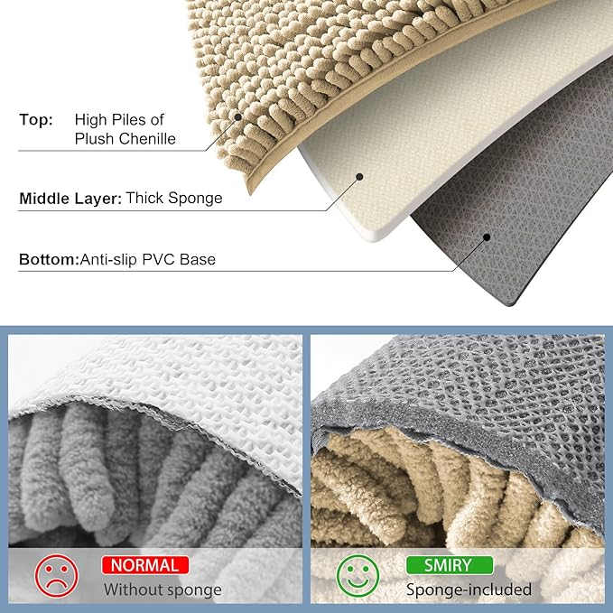 Smiry Luxury Chenille Bathroom Rugs 50x30, Extra Soft and Absorbent Shaggy Bath Mat, Machine Washable, Non-Slip Plush Carpet Runner for Tub, Shower, and Floor, Home Decor Accessories, Beige