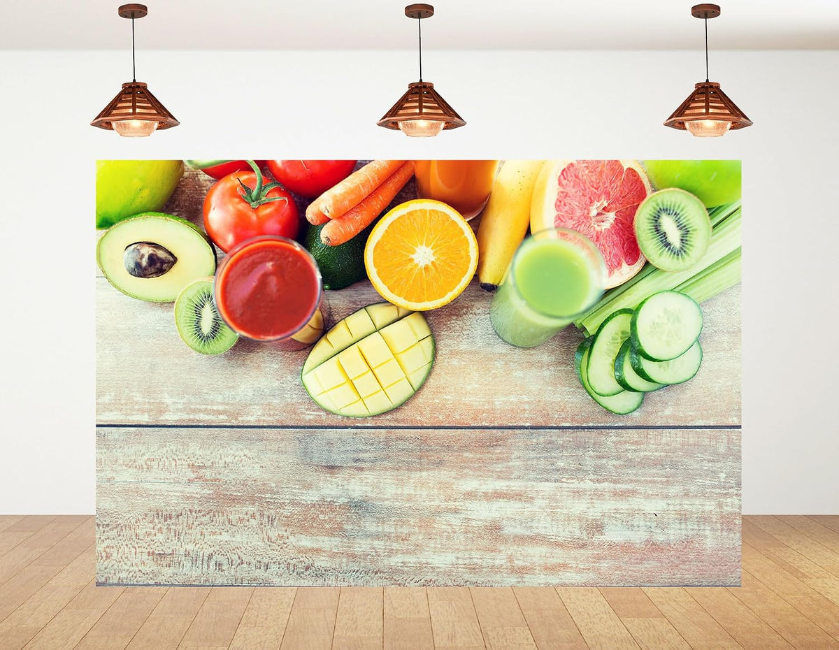 KeyWork 10x10ft Fresh Fruit Smoothie Backdrop Colorful Produce Wooden Table Photography Background for Healthy Themed
