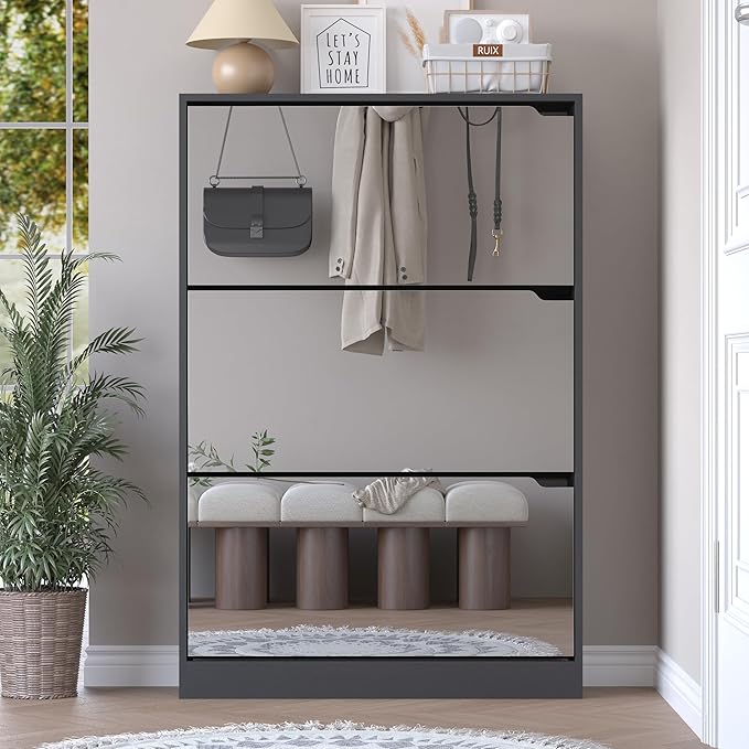 Shoe Cabinet with 3-Flip Mirror Drawers, Freestanding Shoe Rack Organizer with Hidden Handle, Slim Narrow Shoe Storage Cabinet for Entryway, Entrance, Hallway, Bedroom