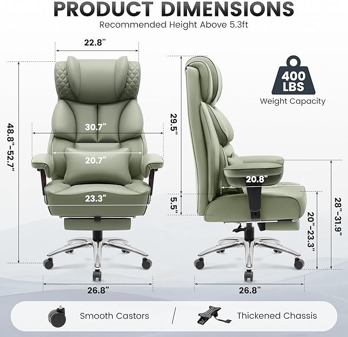 Office Desk Chair, Big and Tall Leather Gaming Chair with Footrest, Wide Ergonomic Comfy Executive High-Back Reclining Computer Chairs, Swivel Rolling Wheels and Padded Lumbar Support, Green