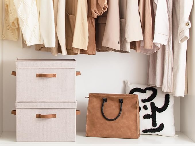 StorageWorks Fabric Storage Bins with Lid, Decorative Storage Boxes for Shelves, Stackable Closet Organizer Basket with Handles, Jumbo, Brown and Beige, 2-Pack