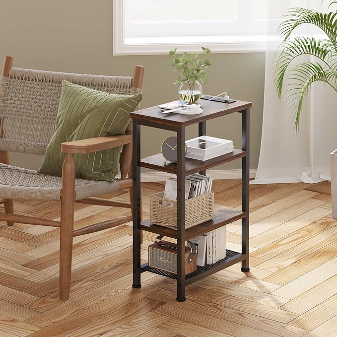 Narrow Nightstand with 4-Tier Shelves, Small Side Table with Charging Station, Skinny Nightstand with Bookshelf, Thin End Table with USB Ports and Outlets, Bed Side Table for Bedroom, Home Office