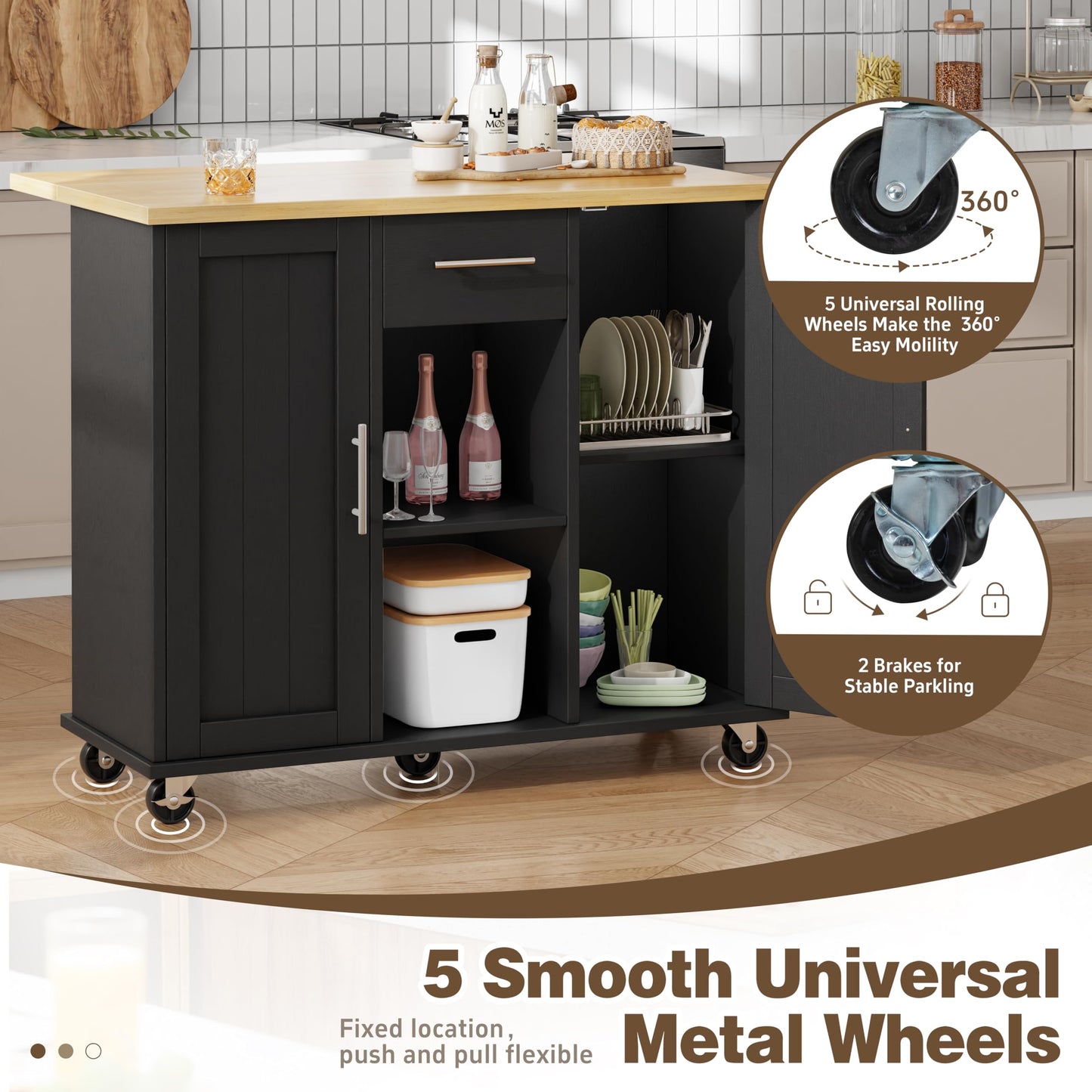 Shintenchi Kitchen Island with Storage, Bar Cart Cabinet Island Table on Wheels, Rolling Microwave Cart for Kitchen with Drop Leaf, Drawers, Towel Rack, Seating Area for Dining Room, Black
