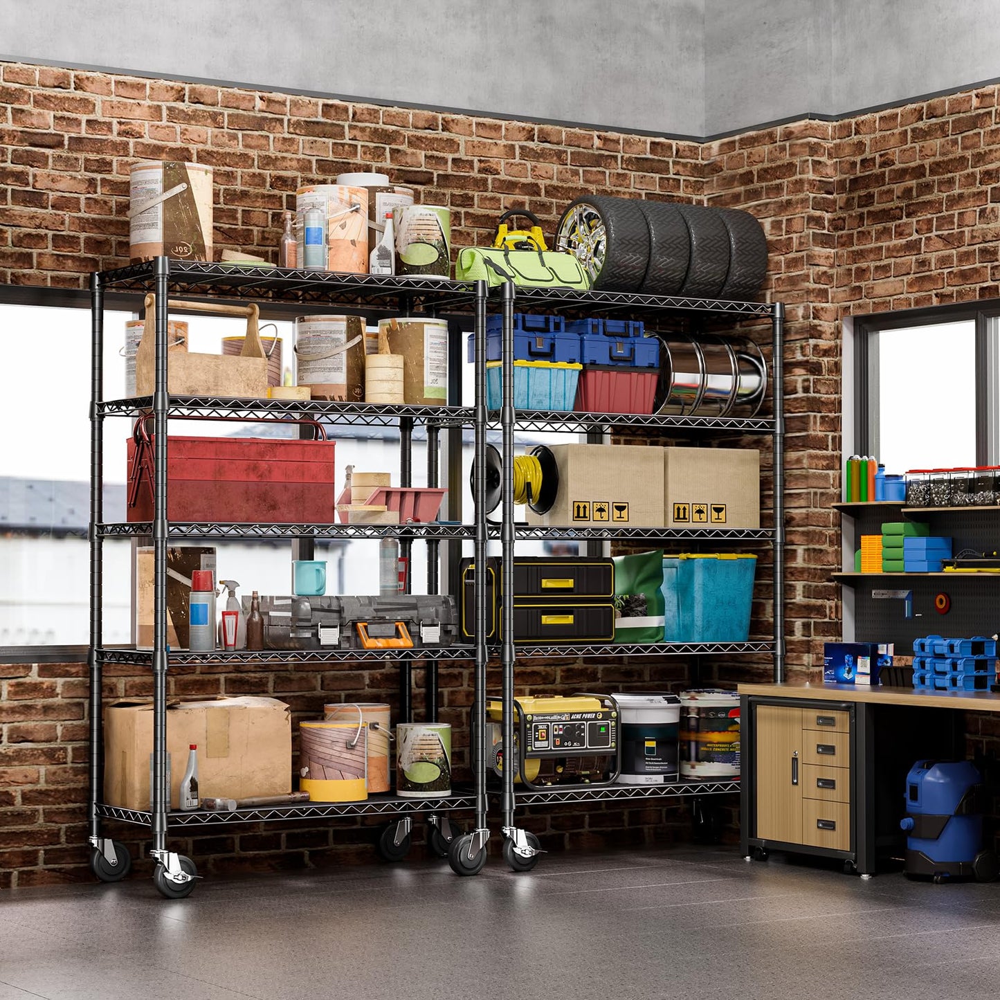 IZEUK 5-Tier Storage Shelving Unit with Wheels, Adjustable Heavy Duty Steel Wire Rack Organizer (Black, 17.7" D x 47.2" W x 76.7" H, 1750 lbs Capacity) for Garage, Kitchen, Office, Laundry, Basement