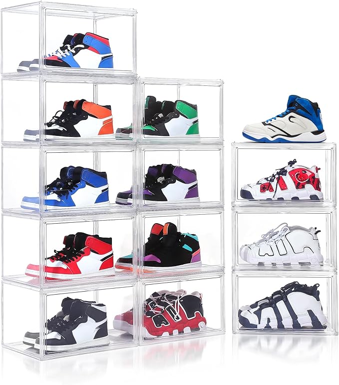 Acrylic Shoe Storage Boxes with Magnetic Door - 360° Clear Stackable Shoe Display Box Set, Plastic Shoe Cabinet Rack Box for Sneakers Heels Shoes (1, Clear, XL - Side Open)