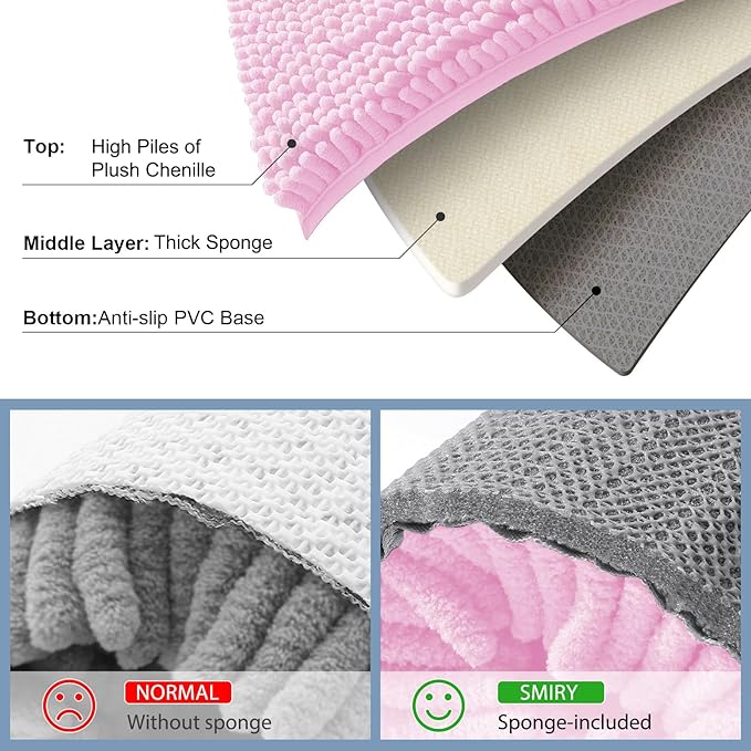 Smiry Luxury Chenille Bathroom Rugs 47x20, Extra Soft and Absorbent Shaggy Bath Mat, Machine Washable, Non-Slip Plush Carpet Runner for Tub, Shower, and Floor, Home Decor Accessories, Pink