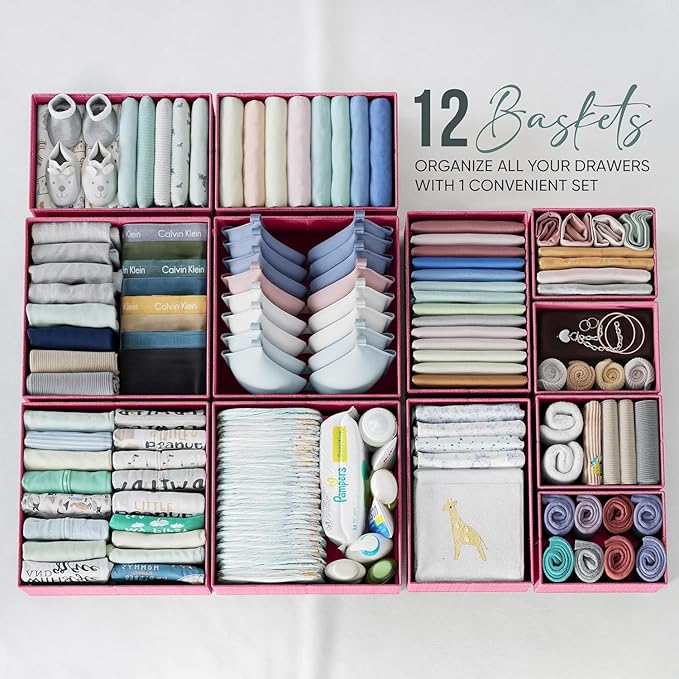Drawer Organizer Set of 12 Pink - Nursery, Bedroom, Closet Organizer & Storage